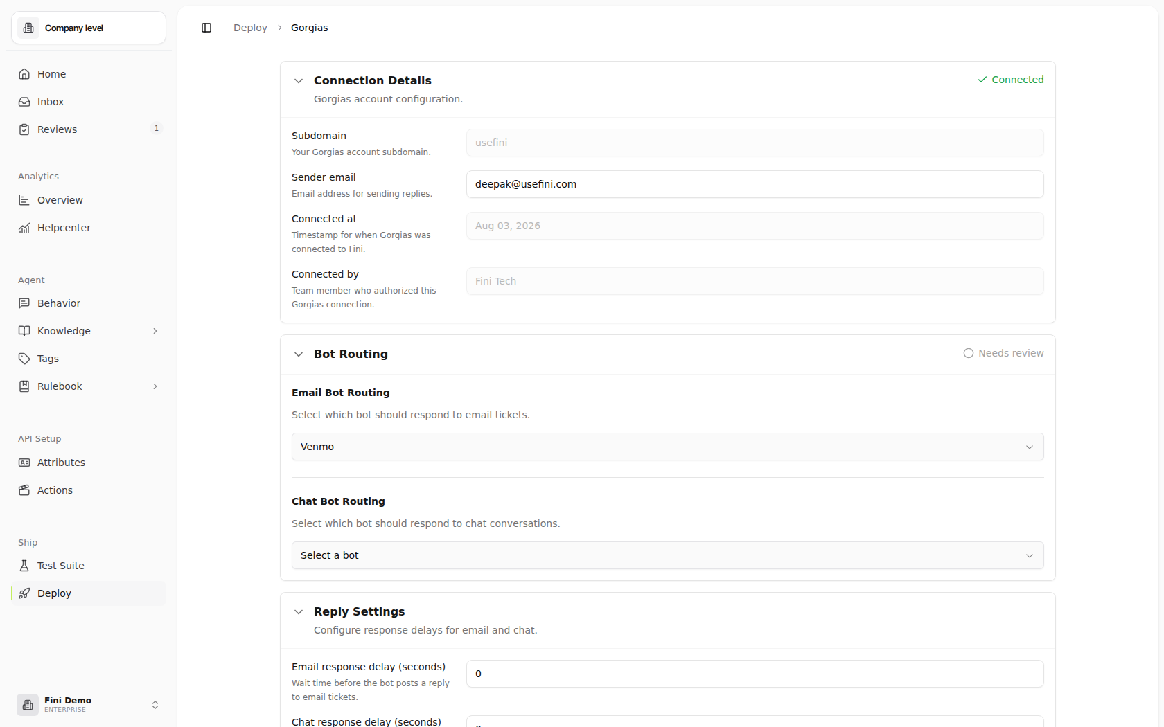 Gorgias deploy page after connecting, showing all configuration sections