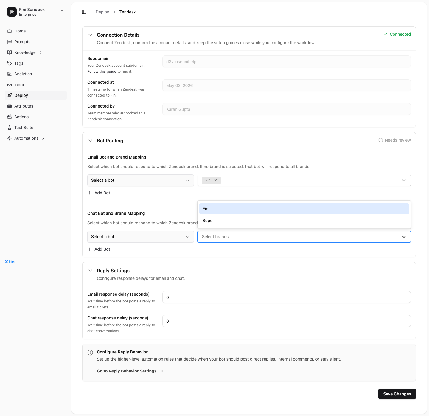 Brand selection dropdown showing the available Zendesk brands
